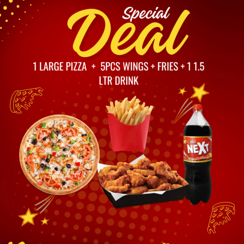 1 LARGE PIZZA  +  5pcs Wings + fries + 1 1.5 LTR DRINK