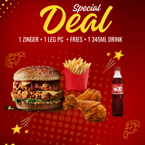 1 ZINGER + 1 LEG PC  + fries + 1 345ML DRINK