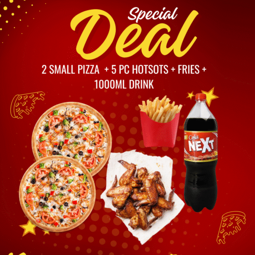 2 SMALL PIZZA  + 5 PC HOTSOTS + FRIES + 1000ML DRINK