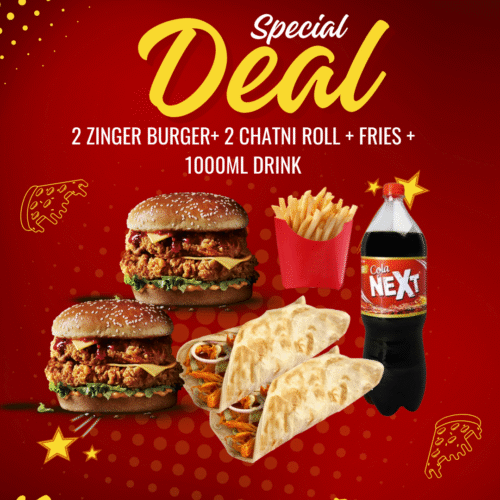2 ZINGER BURGER+ 2 CHATNI ROLL + FRIES + 1000ML DRINK