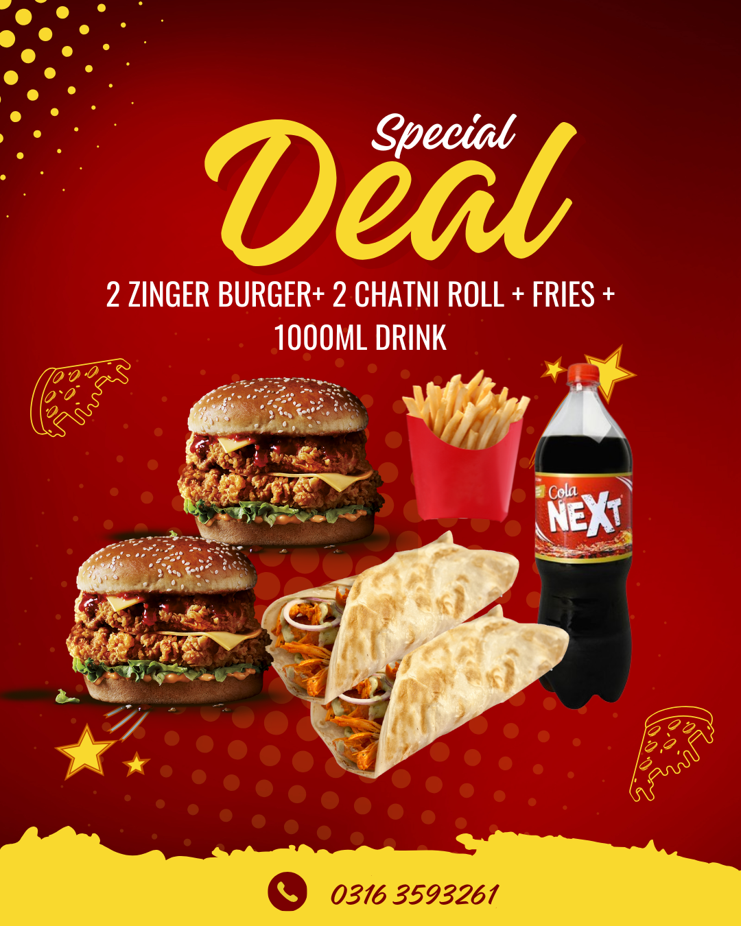 2 ZINGER BURGER+ 2 CHATNI ROLL + FRIES + 1000ML DRINK