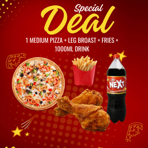 1 MEDIUM PIZZA + LEG BROAST + FRIES + 1000ML DRINK