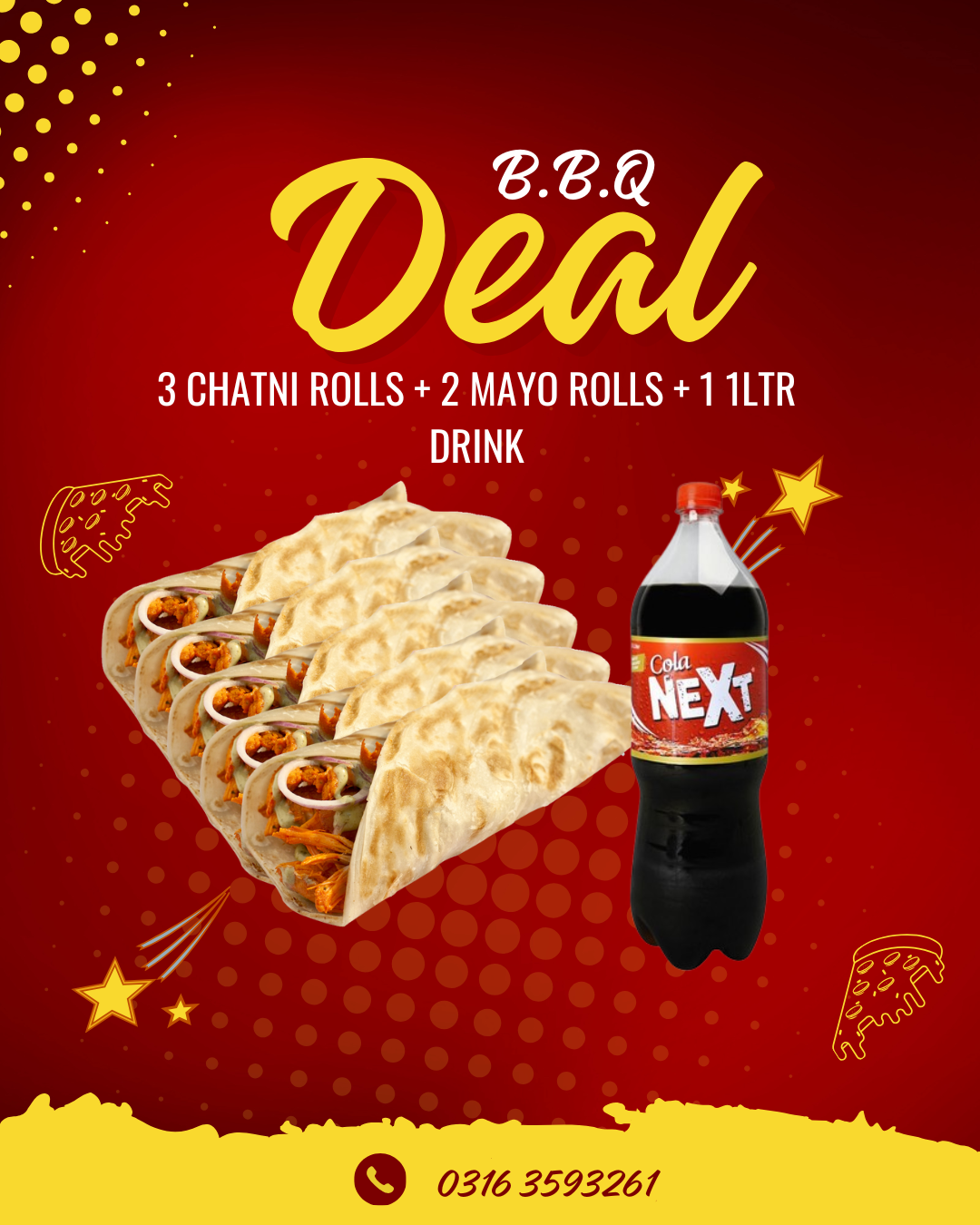 3 CHATNI ROLLS + 2 MAYO ROLLS + 1 1LTR DRINK