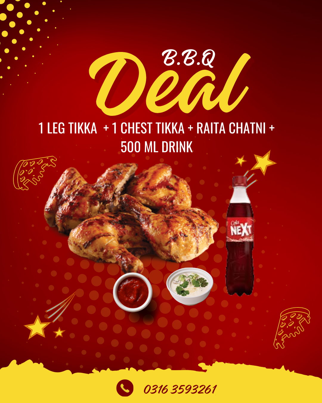 1 LEG TIKKA  + 1 CHEST TIKKA + RAITA CHATNI + 500 ML DRINK