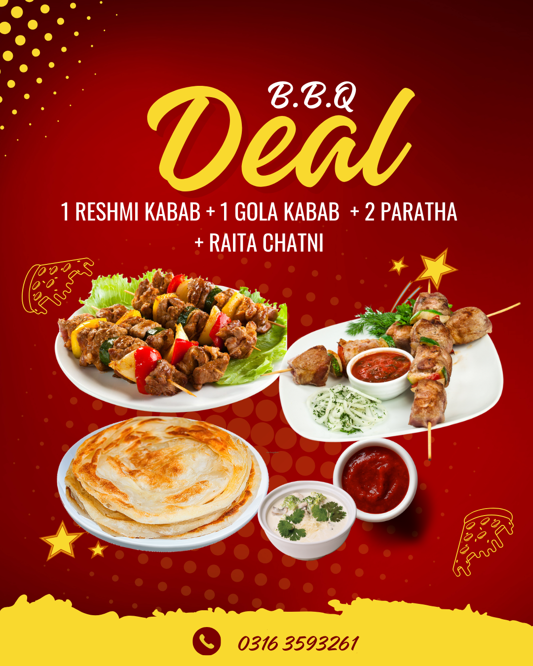 1 RESHMI KABAB + 1 GOLA KABAB  + 2 PARATHA + RAITA CHATNI