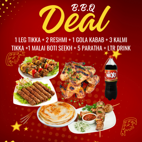 1 LEG TIKKA + 2 RESHMI + 1 GOLA KABAB + 3 KALMI TIKKA +1 MALAI BOTI SEEKH + 5 PARATHA + LTR DRINK
