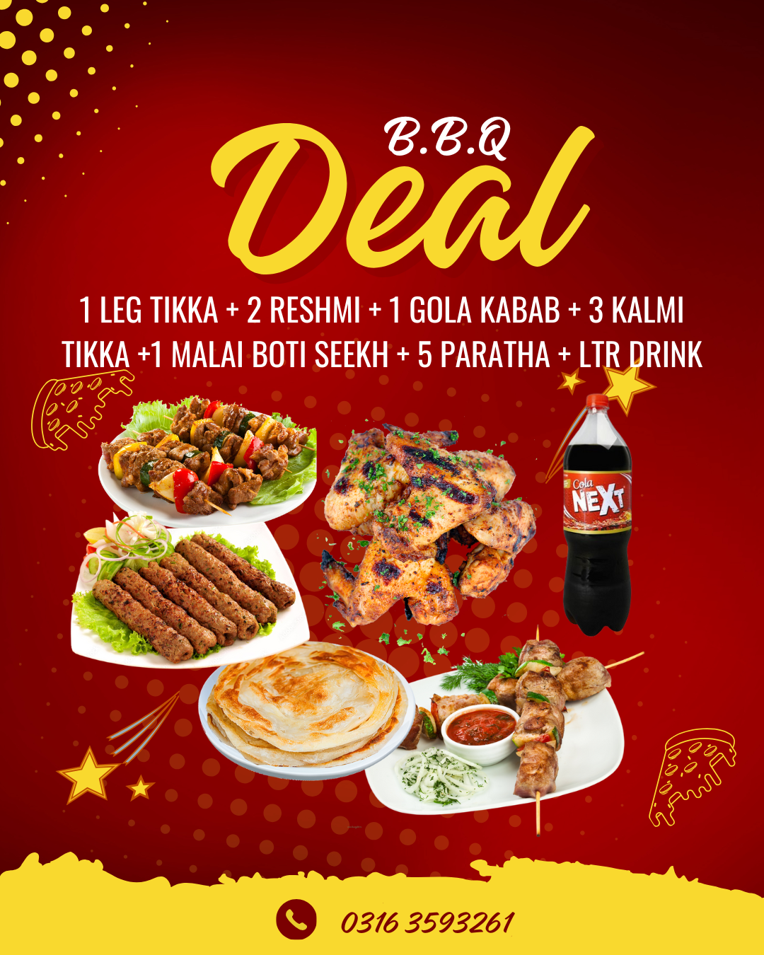 1 LEG TIKKA + 2 RESHMI + 1 GOLA KABAB + 3 KALMI TIKKA +1 MALAI BOTI SEEKH + 5 PARATHA + LTR DRINK