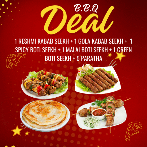 1 RESHMI KABAB SEEKH + 1 GOLA KABAB SEEKH +  1 SPICY BOTI SEEKH + 1 MALAI BOTI SEEKH + 1 GREEN  BOTI SEEKH + 5 PARATHA