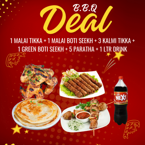 1 MALAI TIKKA + 1 MALAI BOTI SEEKH + 3 KALMI TIKKA +  1 GREEN BOTI SEEKH + 5 PARATHA + 1 LTR DRINK