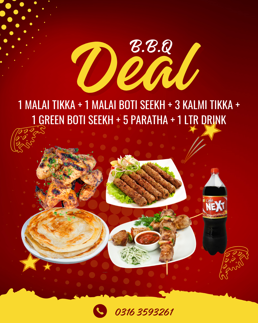 1 MALAI TIKKA + 1 MALAI BOTI SEEKH + 3 KALMI TIKKA +  1 GREEN BOTI SEEKH + 5 PARATHA + 1 LTR DRINK