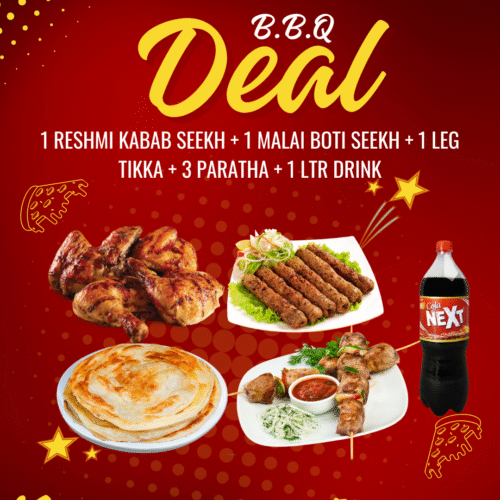 1 RESHMI KABAB SEEKH + 1 MALAI BOTI SEEKH + 1 LEG TIKKA + 3 PARATHA + 1 LTR DRINK