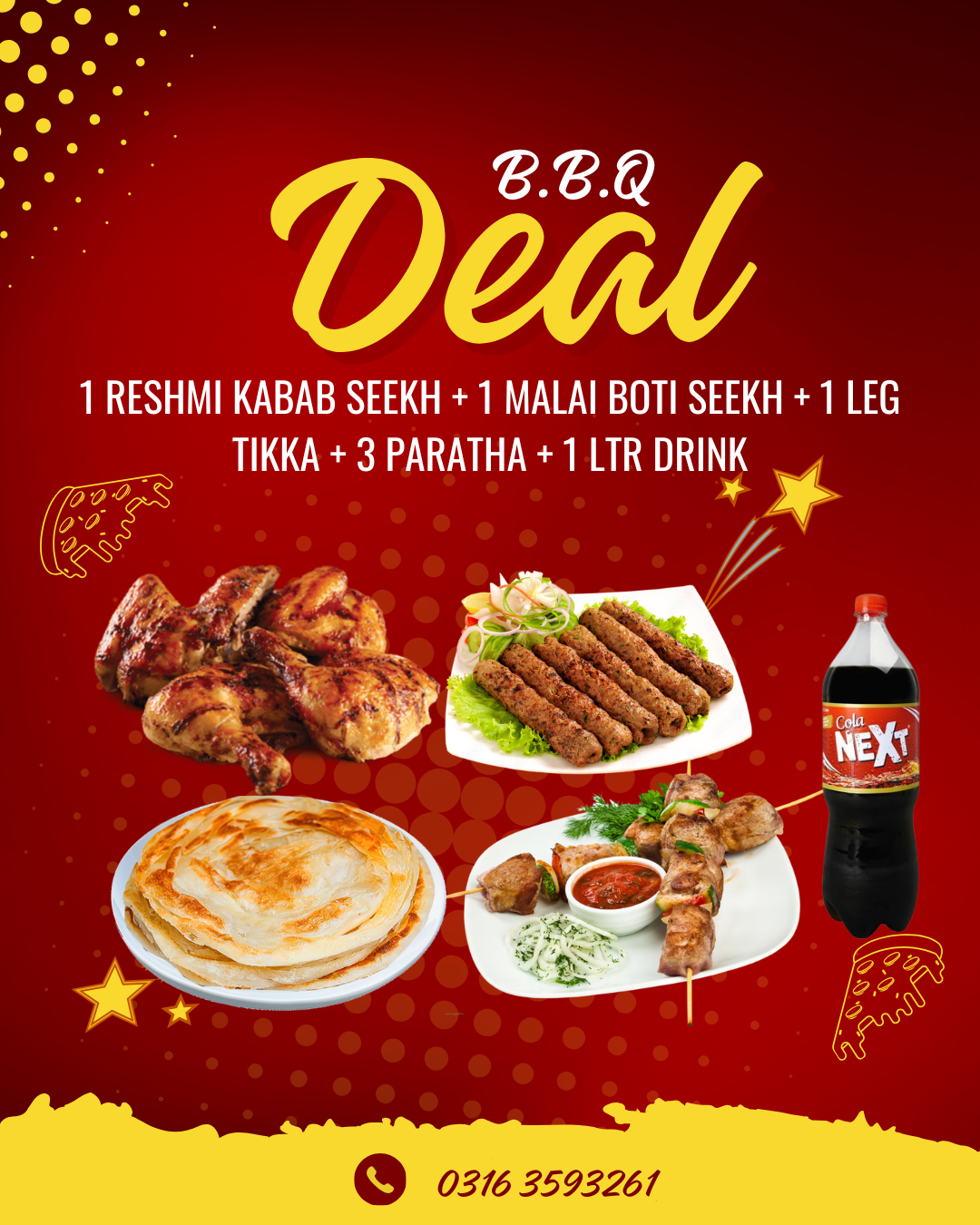 1 RESHMI KABAB SEEKH + 1 MALAI BOTI SEEKH + 1 LEG TIKKA + 3 PARATHA + 1 LTR DRINK