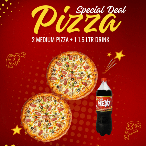 DEAL 11 2 Medium Pizzas with  1.5 Ltr Cold Drink