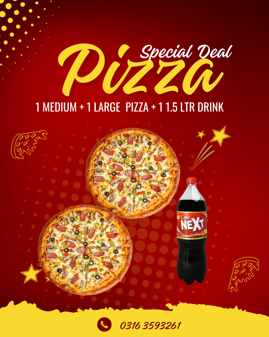 Deal 13 1 Large Pizza + 1 Medium Pizza with 1.5 Ltr Cold Drink