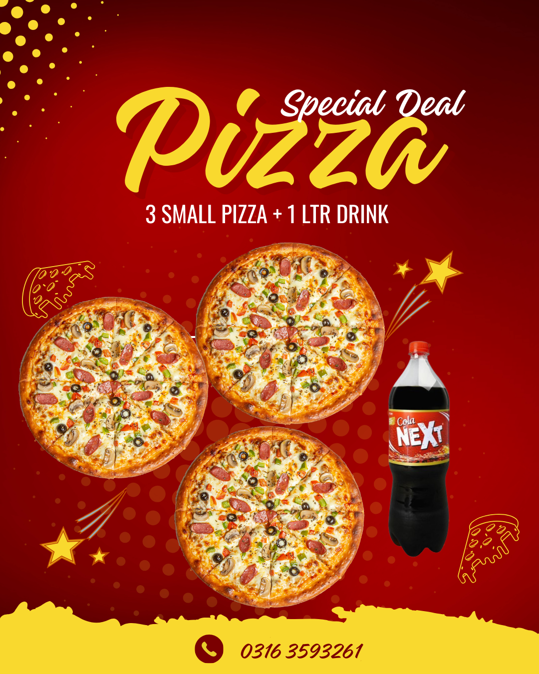 Deal S1 3-Small Pizza  1- Ltr Cold